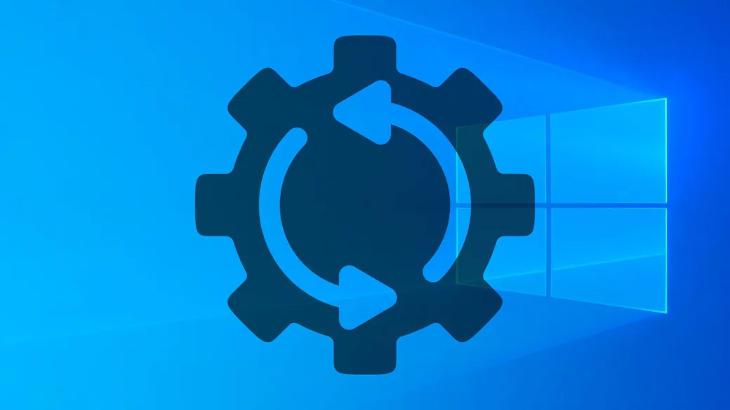 A reset symbol inside a gear, over the Windows logo.