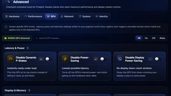The Advanced tab in the app, showing GPU tweaks with toggles