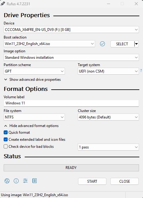 Rufus settings example