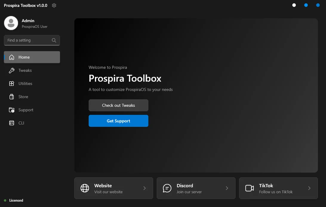 Prospira Toolbox home screen with Tweaks, Utilities, Store, Support and CLI in the sidebar