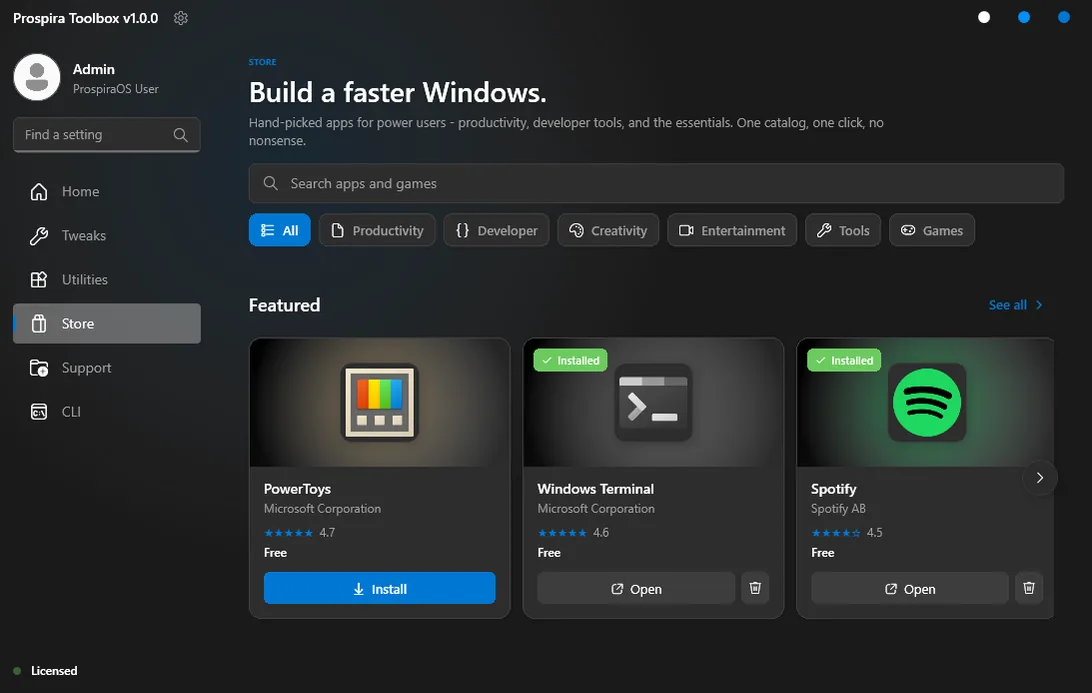 Toolbox Store screen with featured apps PowerToys, Windows Terminal and Spotify and category filters