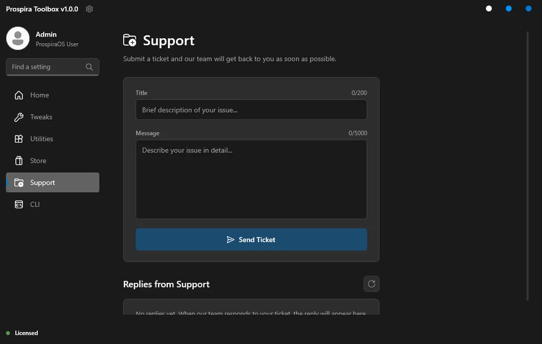 Toolbox Support screen for opening a ticket