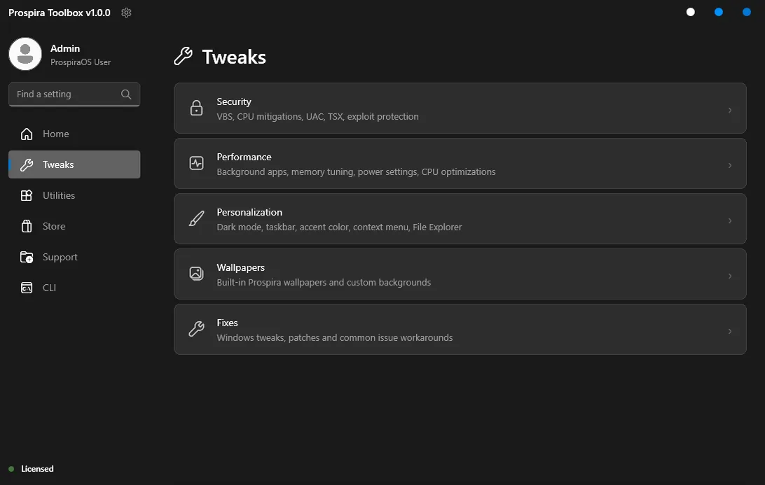 Toolbox Tweaks screen listing Security, Performance, Personalization, Wallpapers and Fixes