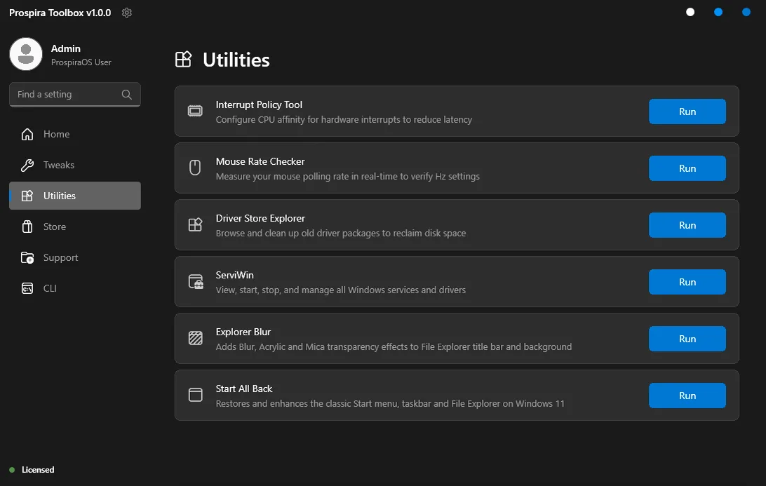 Toolbox Utilities screen with Interrupt Policy Tool, Mouse Rate Checker, Driver Store Explorer and ServiWin