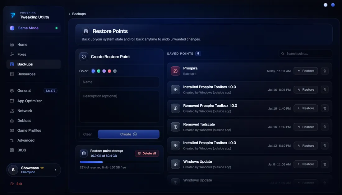 Restore points in the Prospira Tweaking Utility, with saved system restore points listed by date