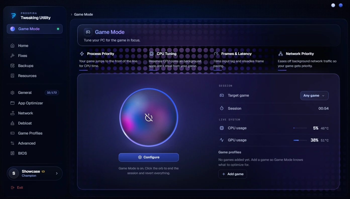 Game Mode in the Prospira Tweaking Utility, with live CPU, GPU and RAM readings