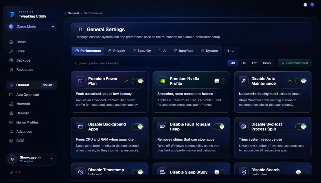 General settings in the Prospira Tweaking Utility, a grid of one-click Windows 11 tweaks
