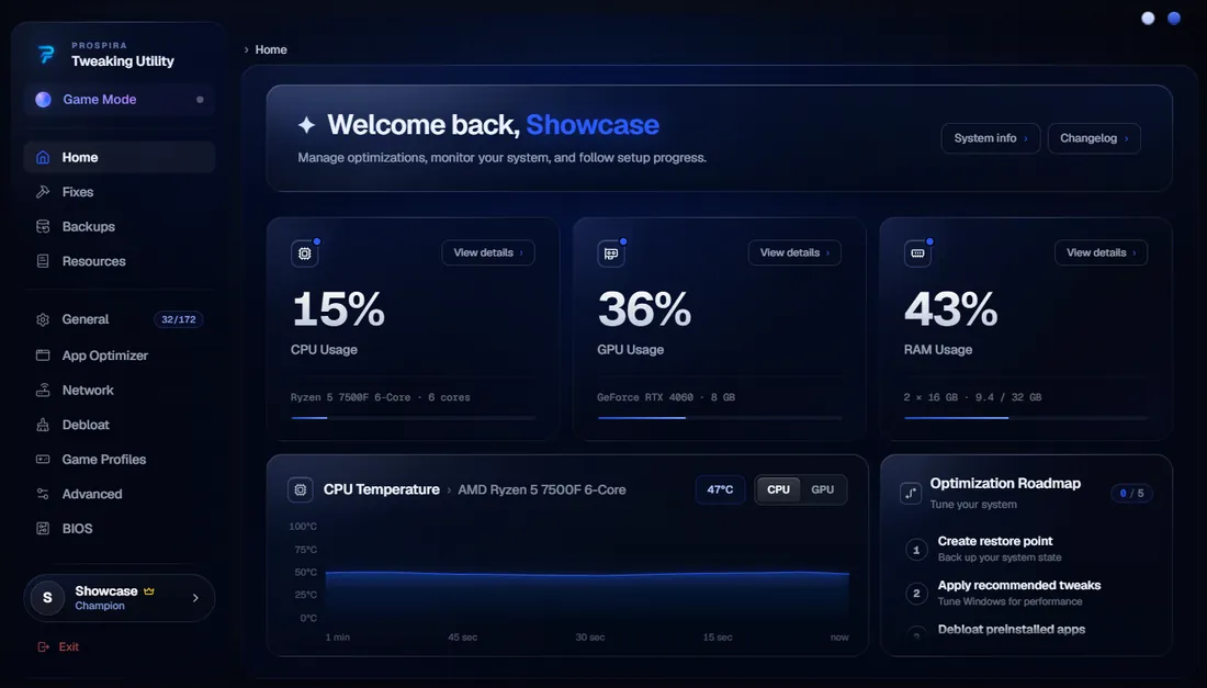 Prospira Tweaking Utility dashboard showing live CPU, GPU and RAM usage with a temperature graph