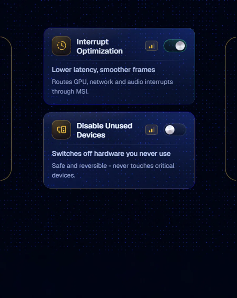 The Interrupt Optimization and Disable Unused Devices cards in the app, each with a switch to turn it on