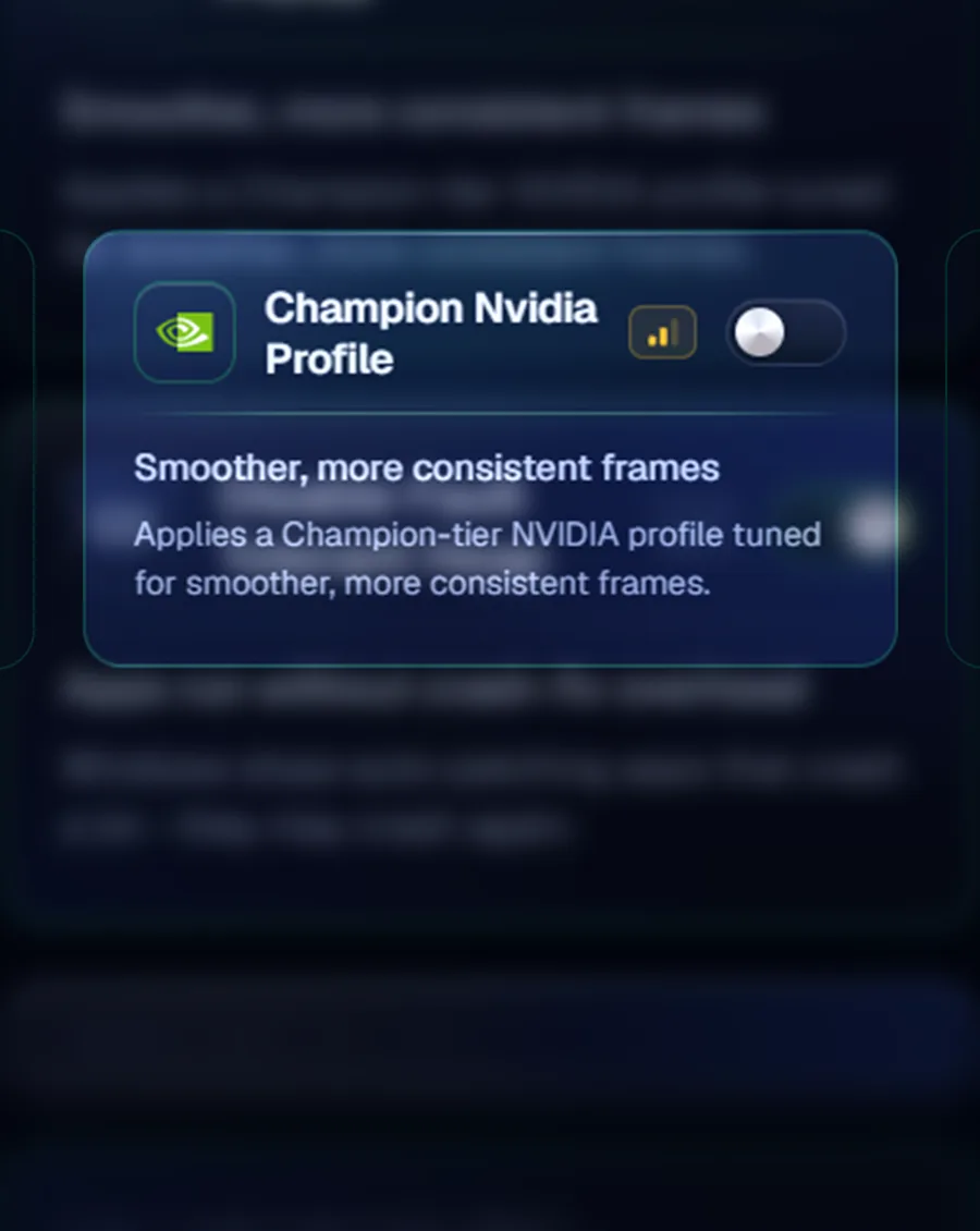 The Champion Nvidia Profile card in the app, showing what it does and a switch to turn it on