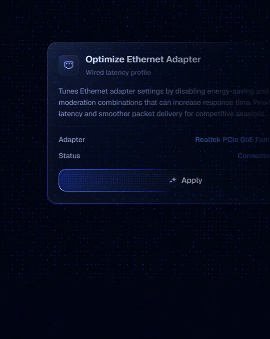 The Optimize Ethernet Adapter card in the app, with the adapter it found and a button that applies the profile